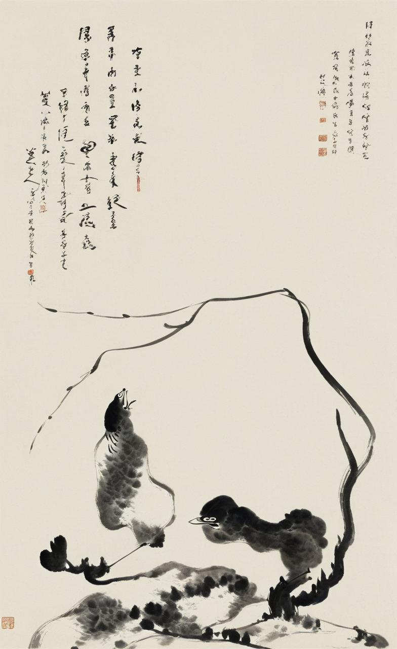 00573-2086867003-_lora_八大山人画风-000009_0.8_,holding, traditional media, smoke, monochrome, simple background, brown background, ink, floating, no h.png